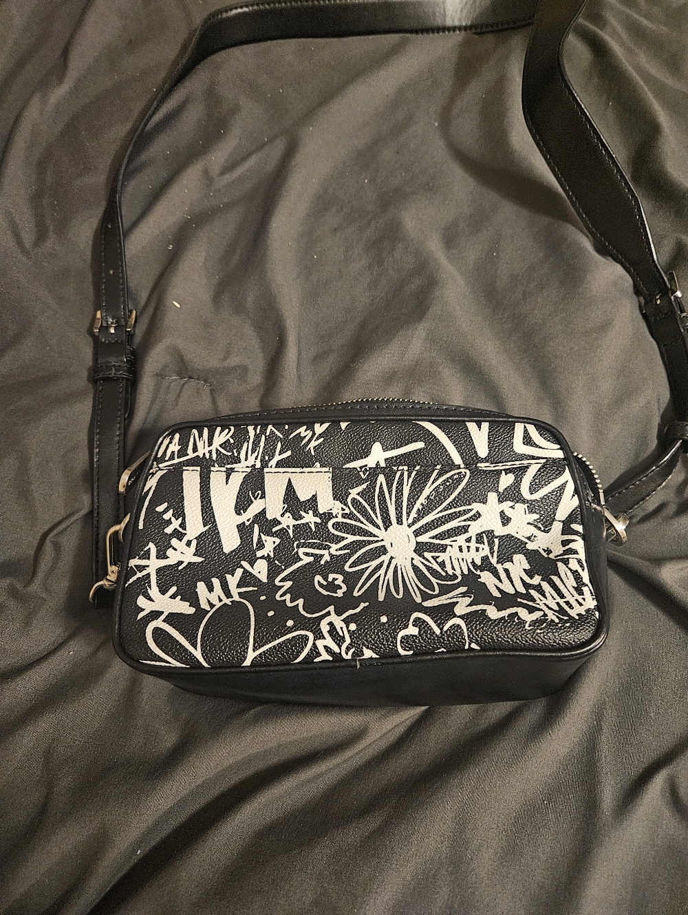 Micheal Kors Black and White Graffiti-Print Crossbody Bag